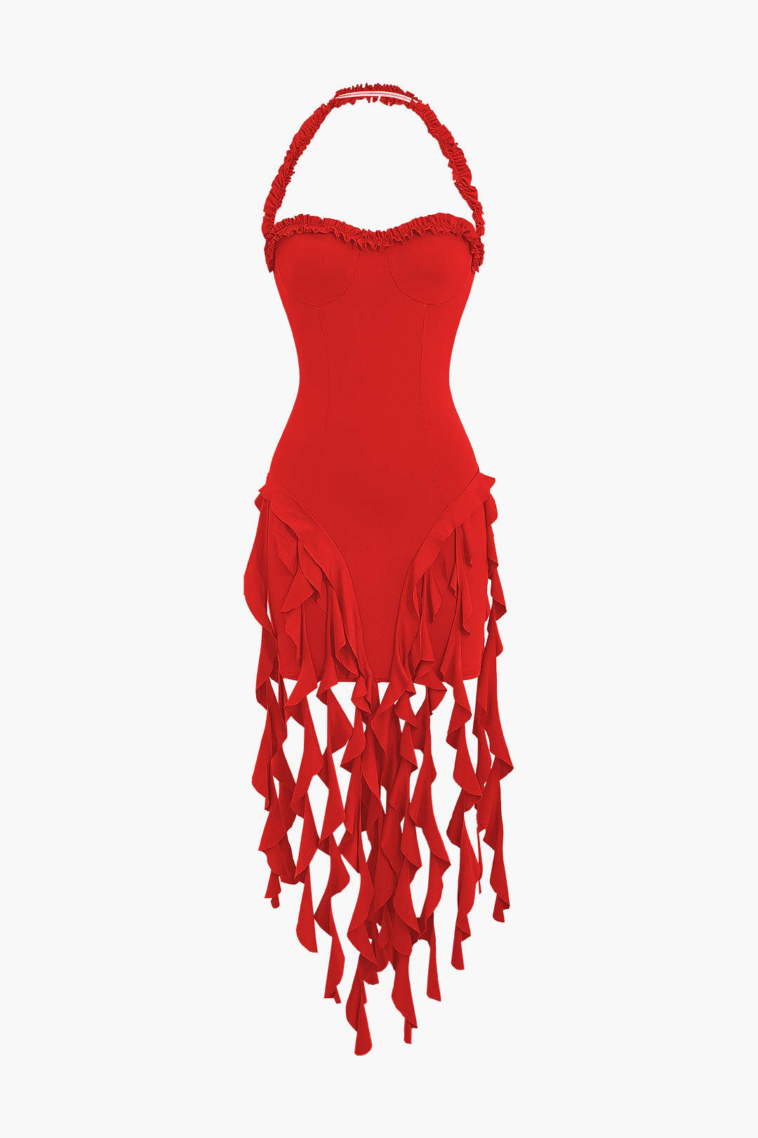 Volanlı Püskül Halter Bustiyer Mini Elbise