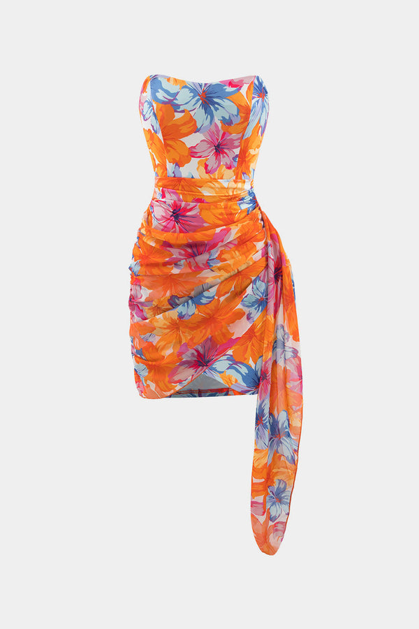 Çiçek Desenli Sarma Ruched Straplez Mini Elbise