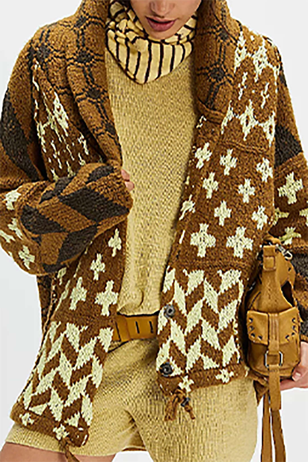 Koyu Kahverengi Nostaljik Desenli Örgü Düğmeli Hırka