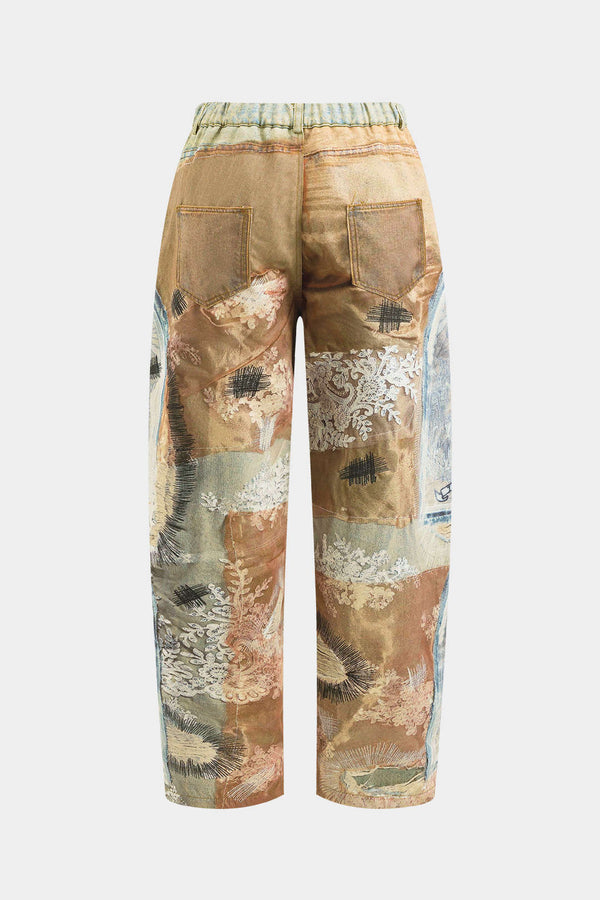 Soyut Baskılı Düğmeli Cep Pantolonları