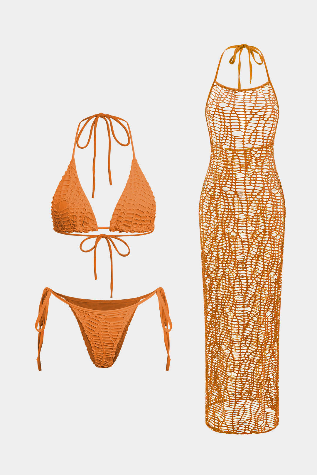 Dokulu Halter Yaka Bikini ve Açık Örgü Plaj Kıyafeti Seti
