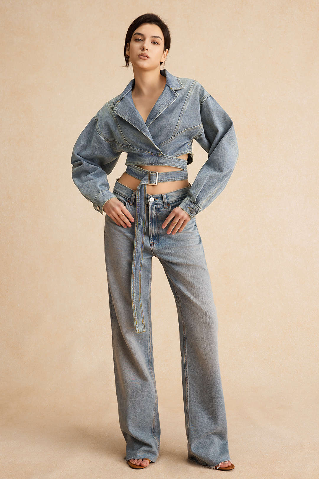 Mavi Kruvaze Bağcıklı Önden Düğme Detaylı Denim Ceket