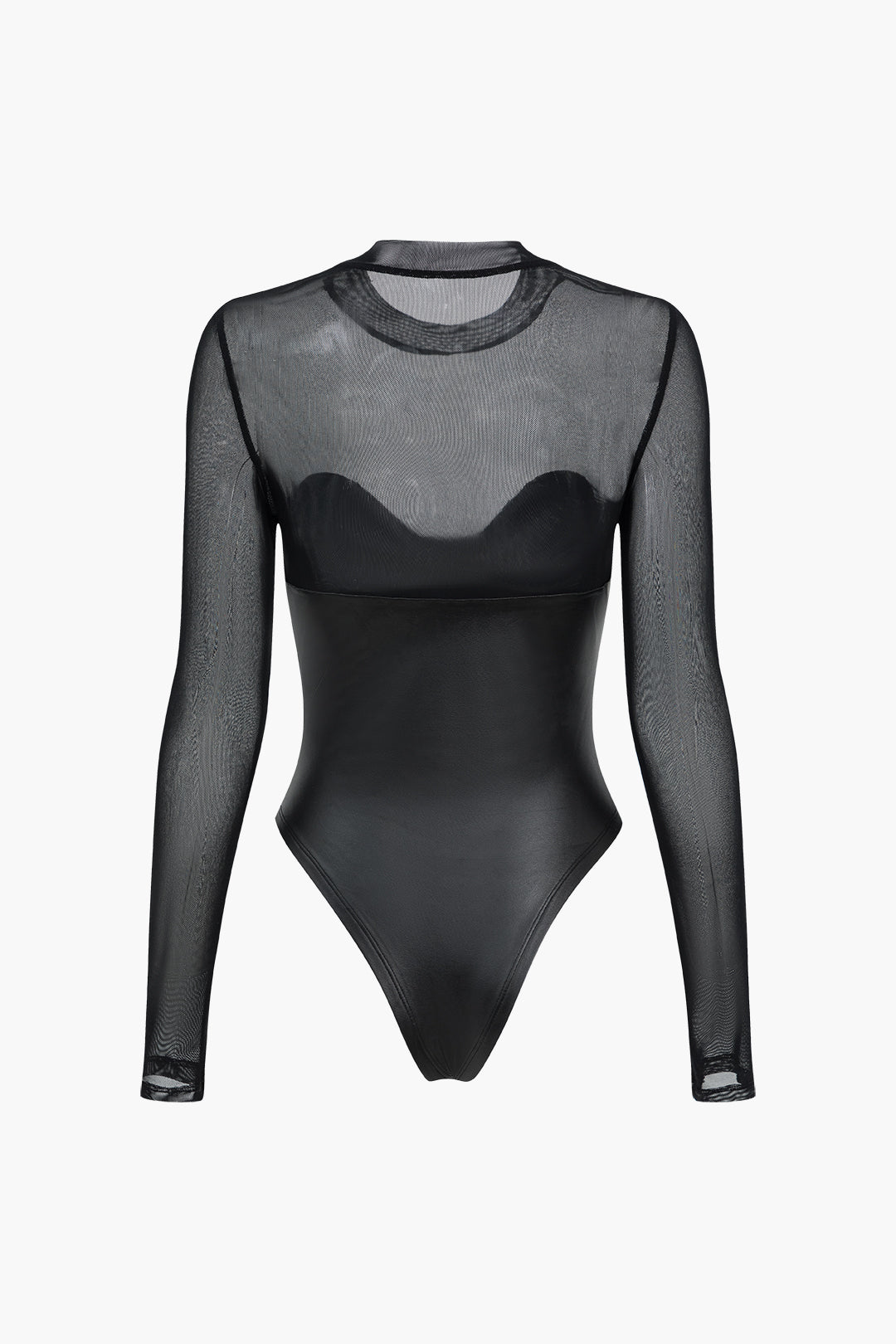 Fileli Suni Deri Patchwork Desenli Uzun Kollu Bodysuit