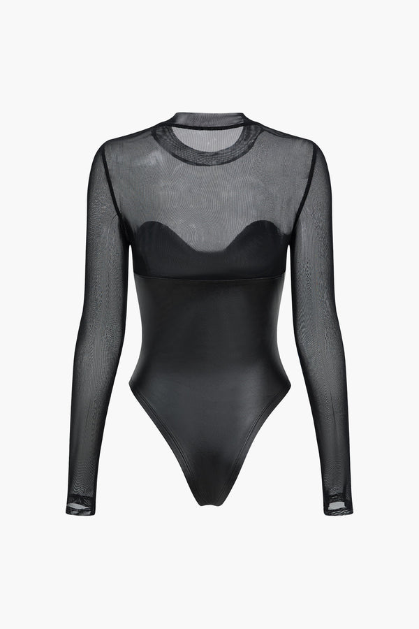 Fileli Suni Deri Patchwork Desenli Uzun Kollu Bodysuit