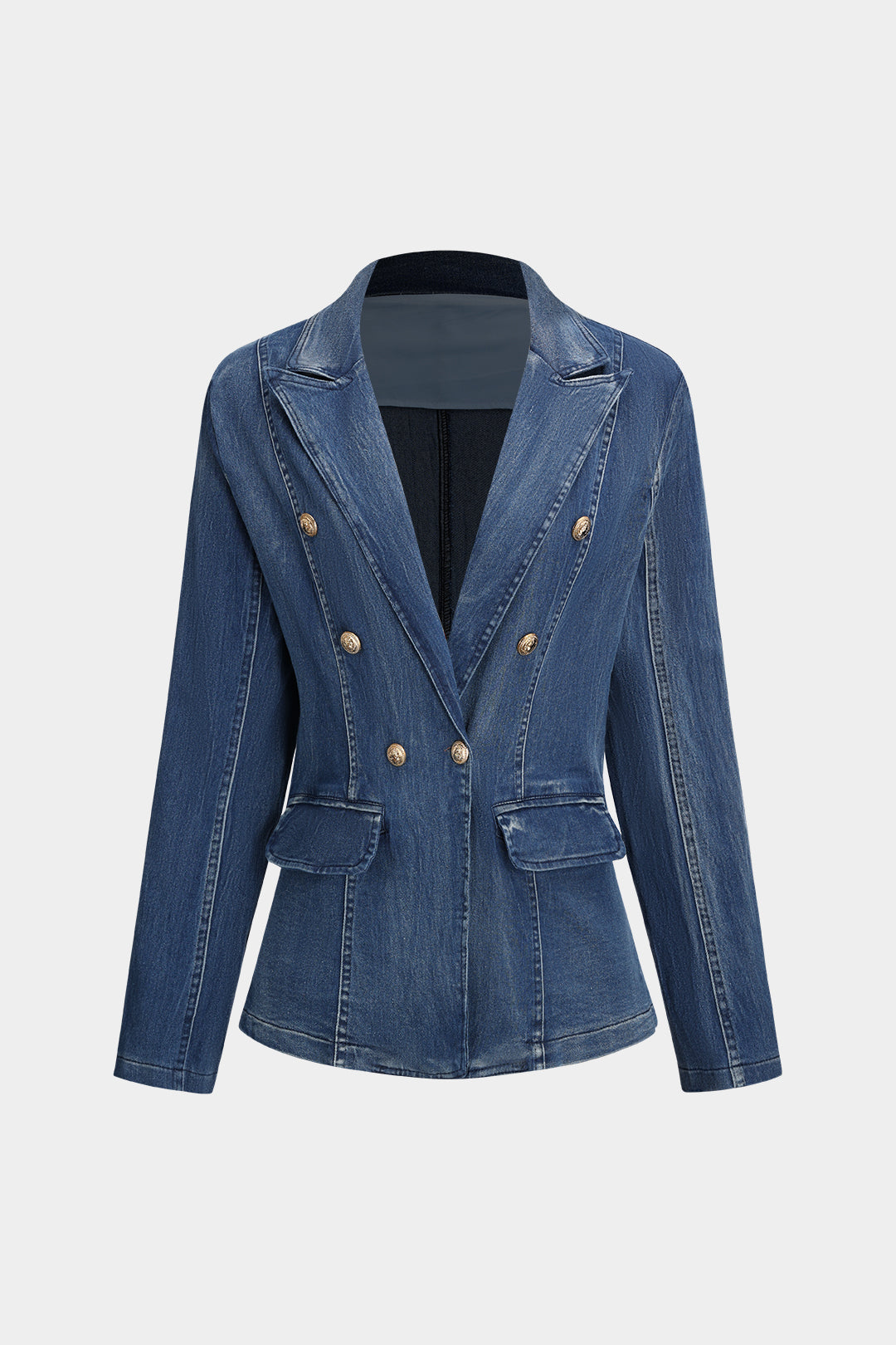 Lacivert Denim Düğmeli Cep Uzun Kollu Ceket