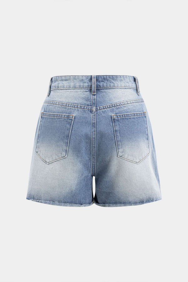 Denim Asimetrik Düğmeli Cep Yırtık Şort