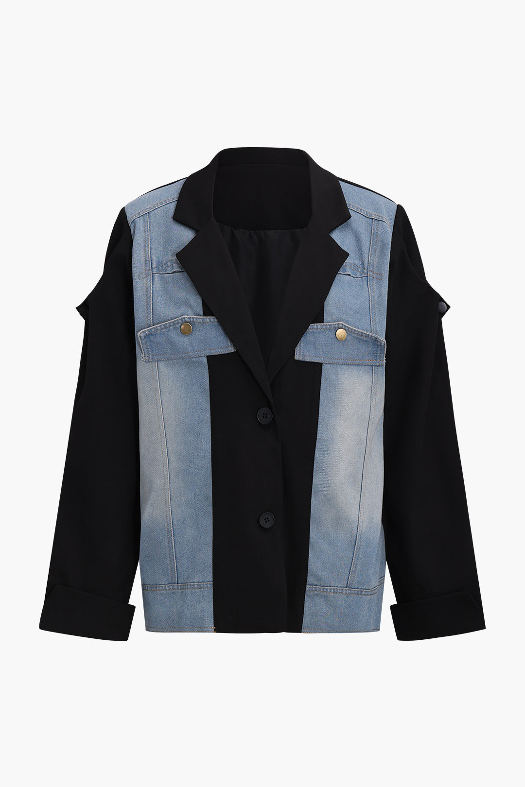 Mavi Patchwork Denim Ceket Çentikli Yakalı Tasarımını