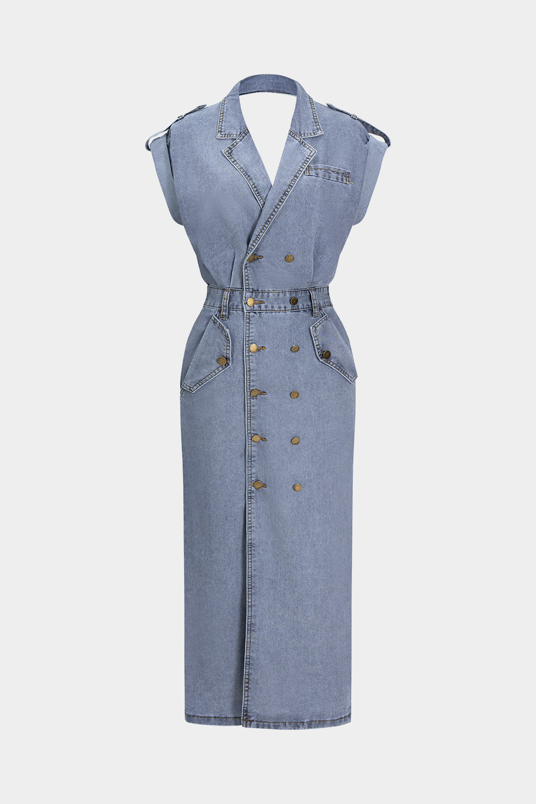Kot Mavisi DenimDüğmeliBüzgülüKruvazeTasarım Elbise