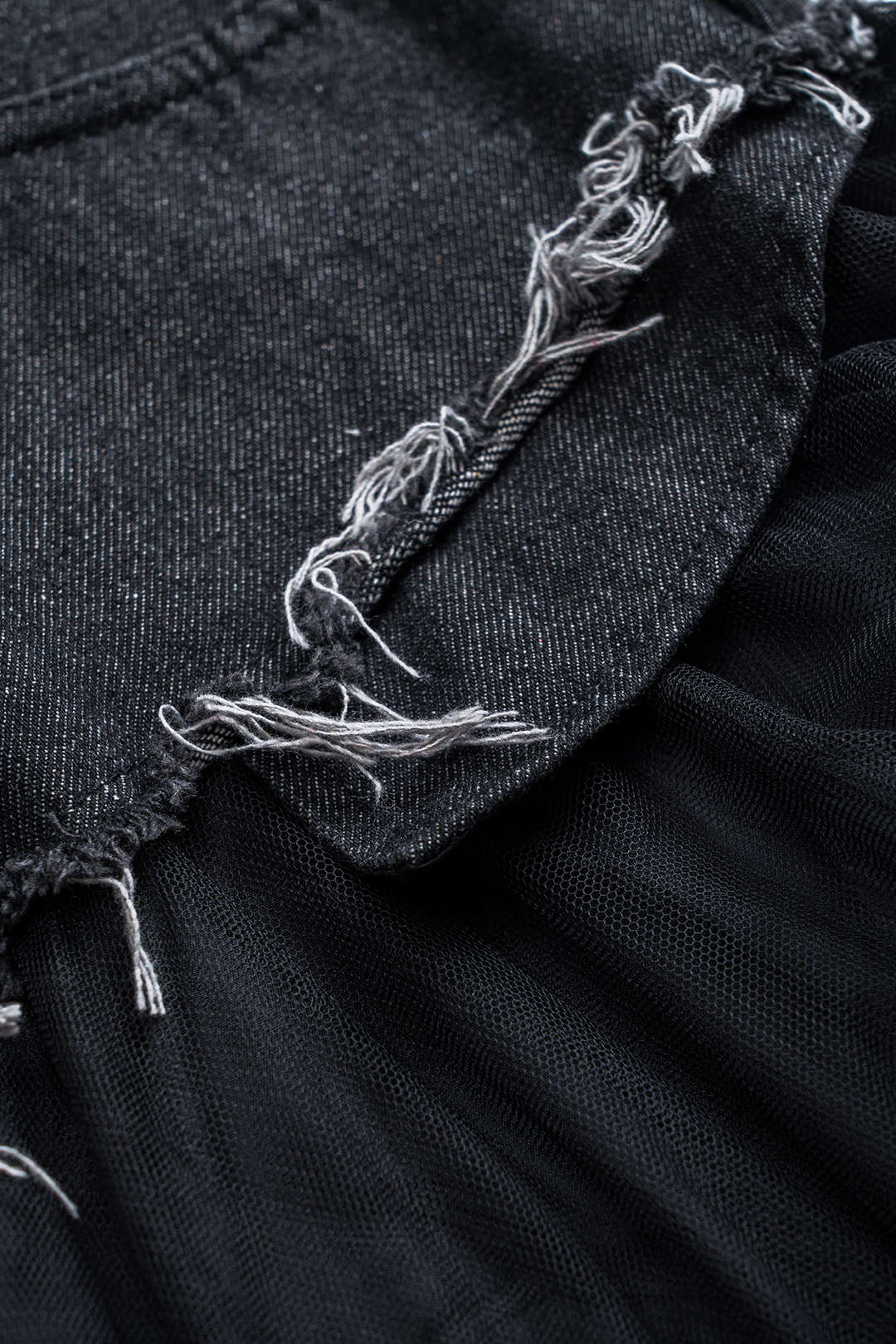 Denim Ağ Mesh Patchwork Kemerli Düğmeli Cepli Etek