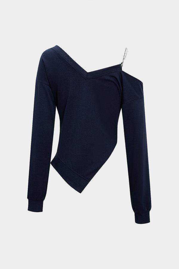 Zincirli Detaylı Asimetrik Yaka Polyester Sweatshirt