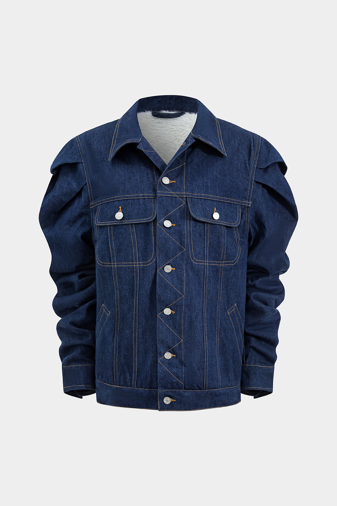 Lacivert Denim Düğmeli Büzgülü Cepli Detaylı Ceket