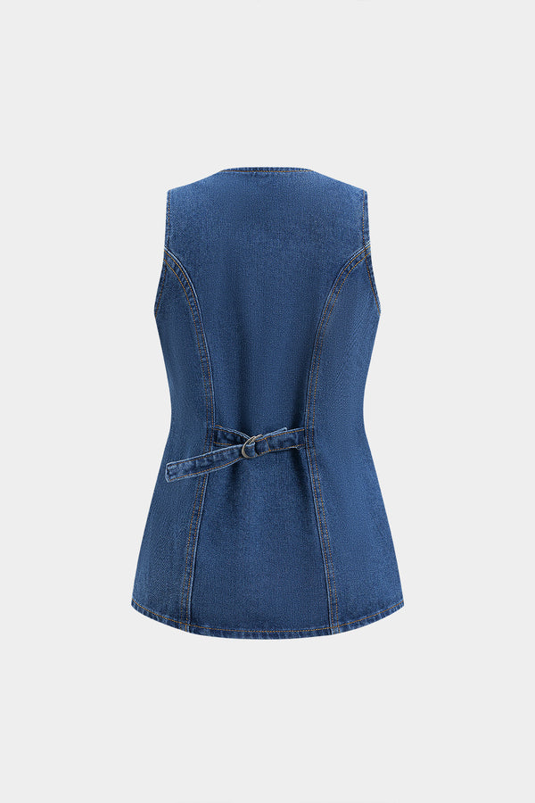 Denim Düğmeli Cepli Kemerli Atlet Üst ve Şort Takımı