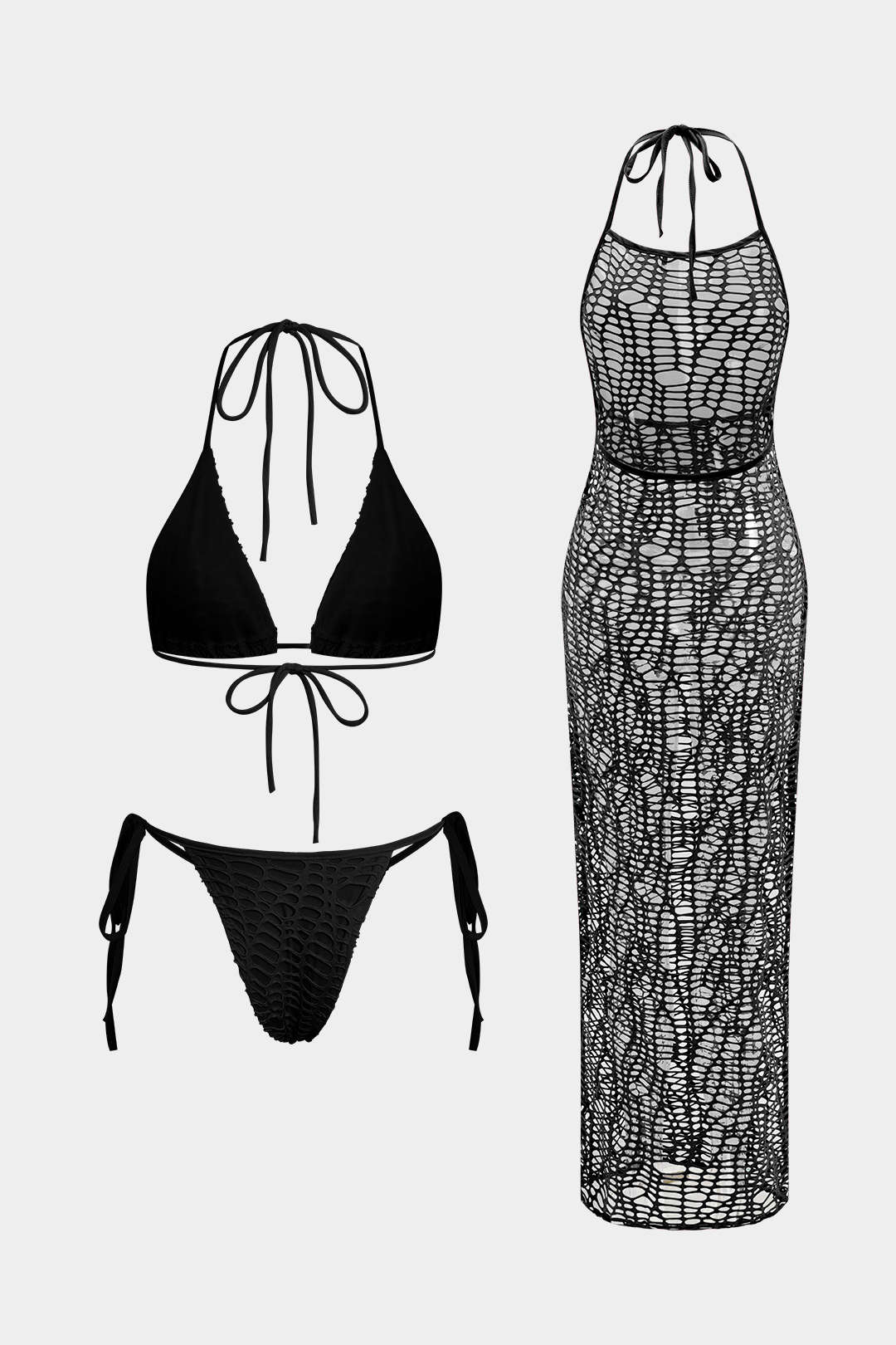 Dokulu Halter Yaka Bikini ve Açık Örgü Plaj Kıyafeti Seti