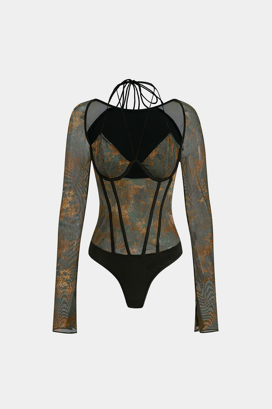Retro Renk Blok Baskılı Korse Slip Arkadan Bağlı Bodysuit