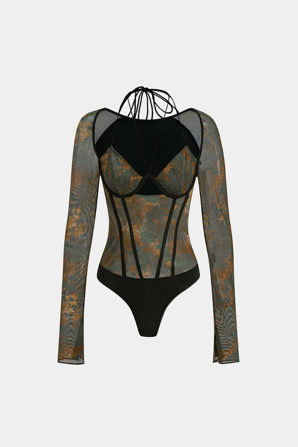Retro Renk Blok Baskılı Korse Slip Arkadan Bağlı Bodysuit