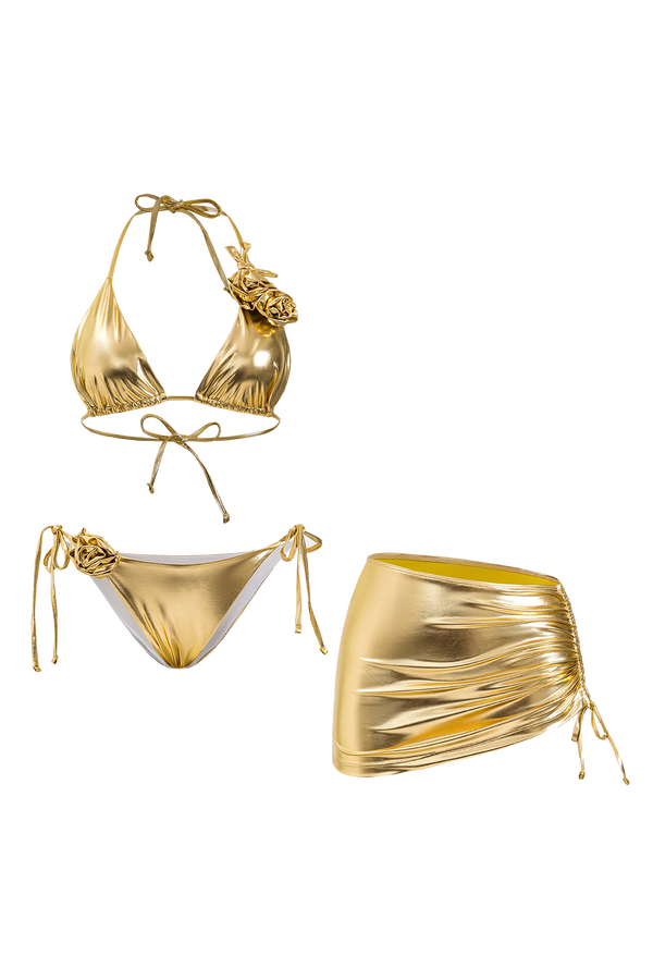 3D Çiçek Desenli Kırışık Bağcıklı Bikini ve Etek Seti