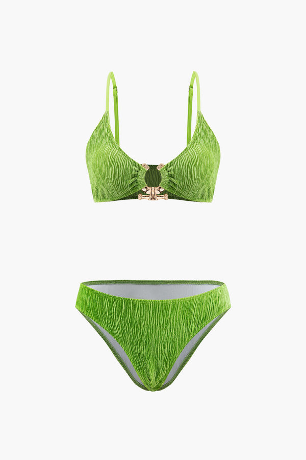 Kadife Dokulu U Halka Bikini ve Pareo 3 Parça Set