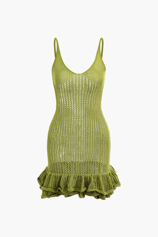 Açık Dikiş Ruffle Kenar Mini Elbise