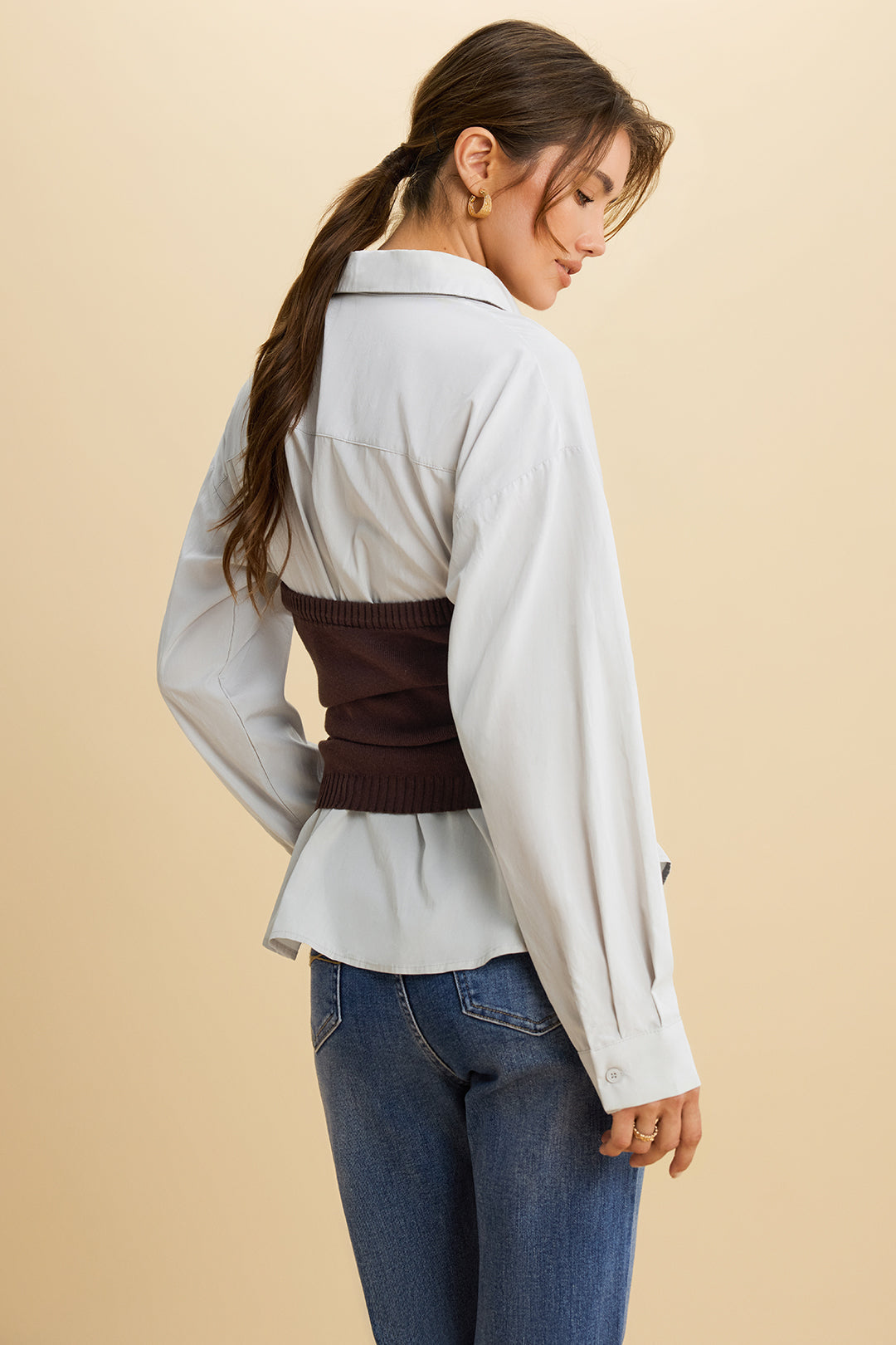 Düz Patchwork Örgü Ön Bağcıklı Uzun Kollu Şık Gömlek