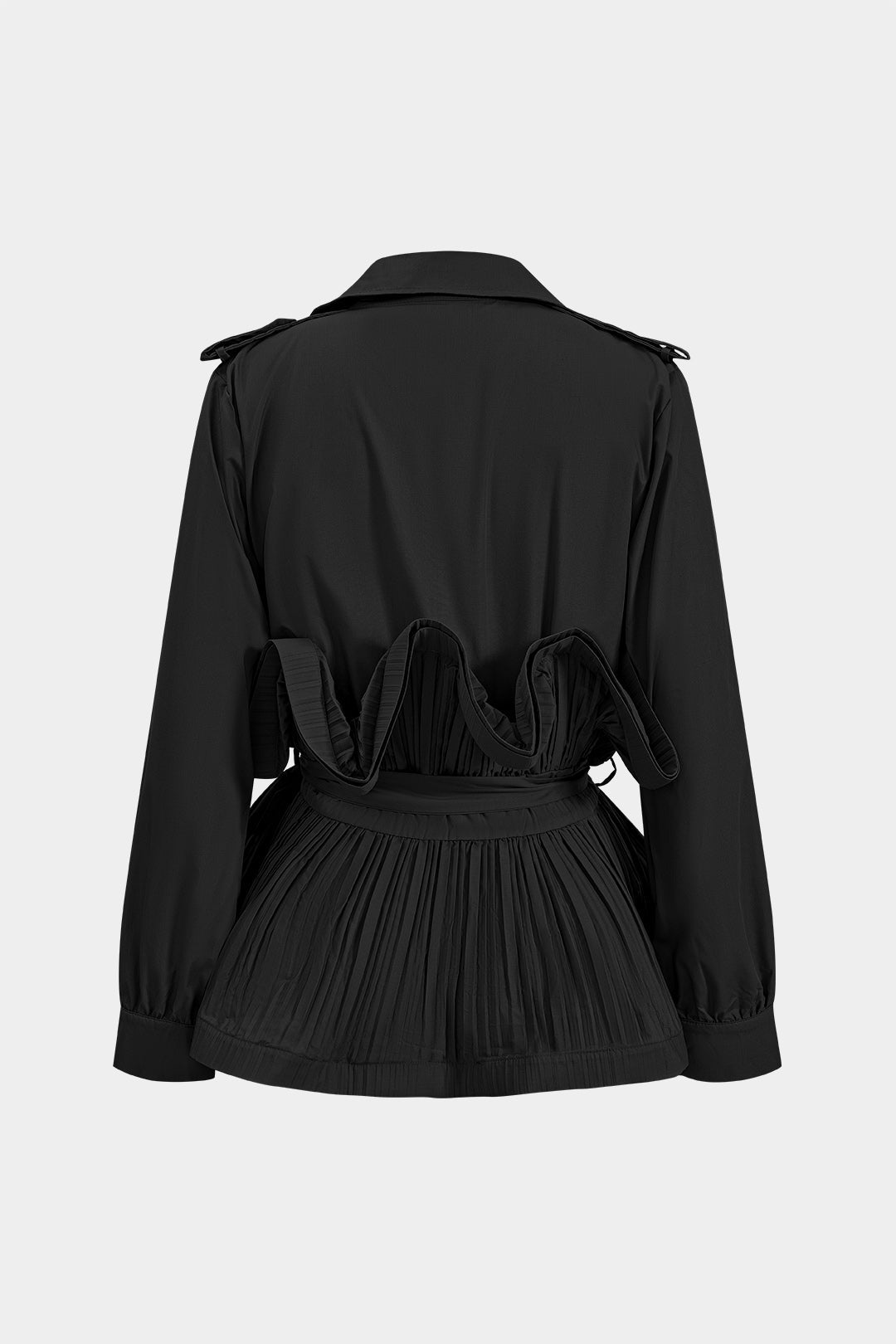 Siyah Pilesli Fırfırlı Bağcıklı Polyester Karışımı Ceket