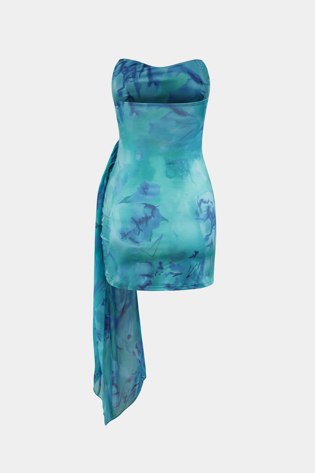 Çiçek Desenli Sarma Ruched Straplez Mini Elbise