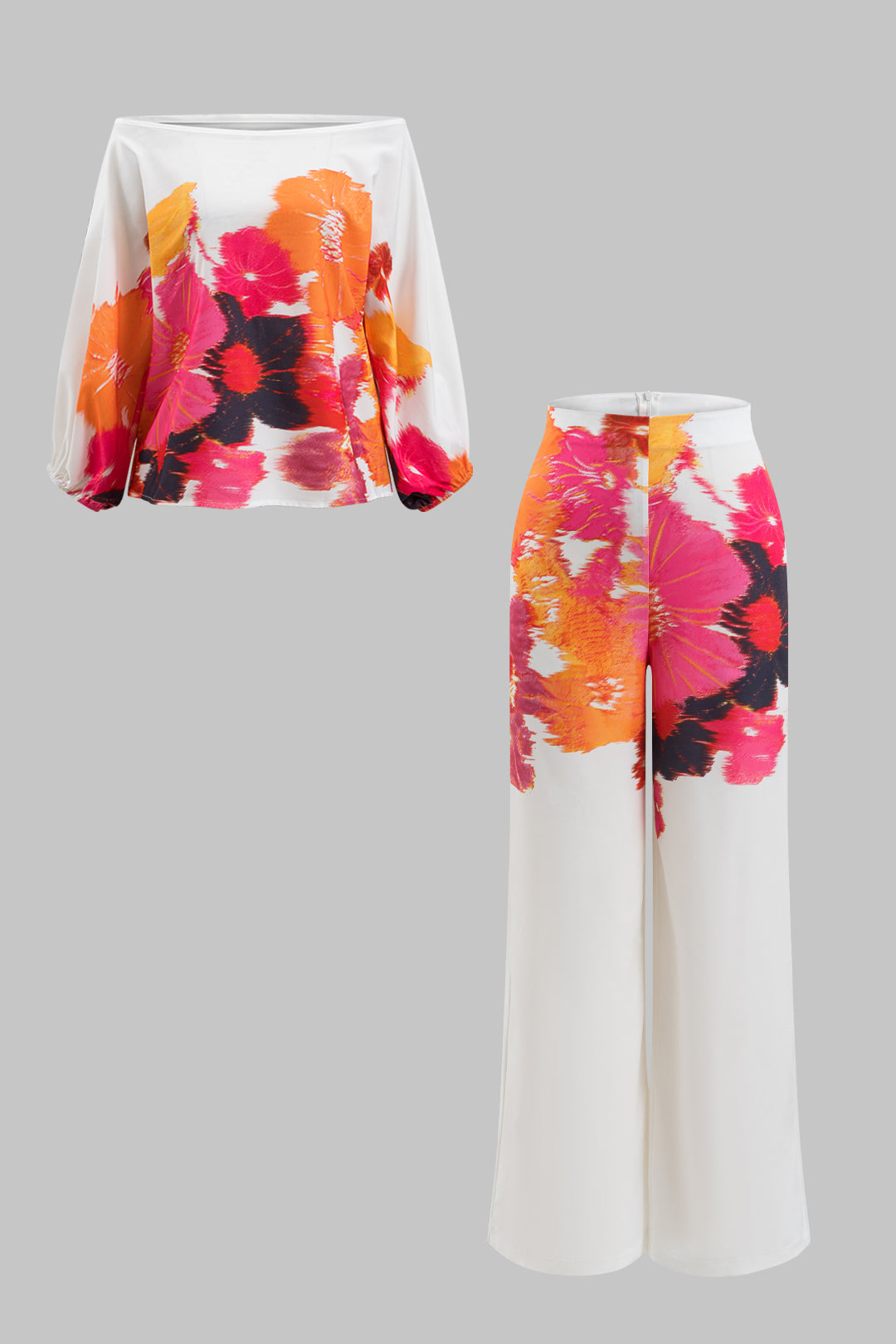 Çiçekli Desenli Off Shoulder Uzun Kollu Bluz Ve Fermuarlı Geniş Paça Pantolon Seti