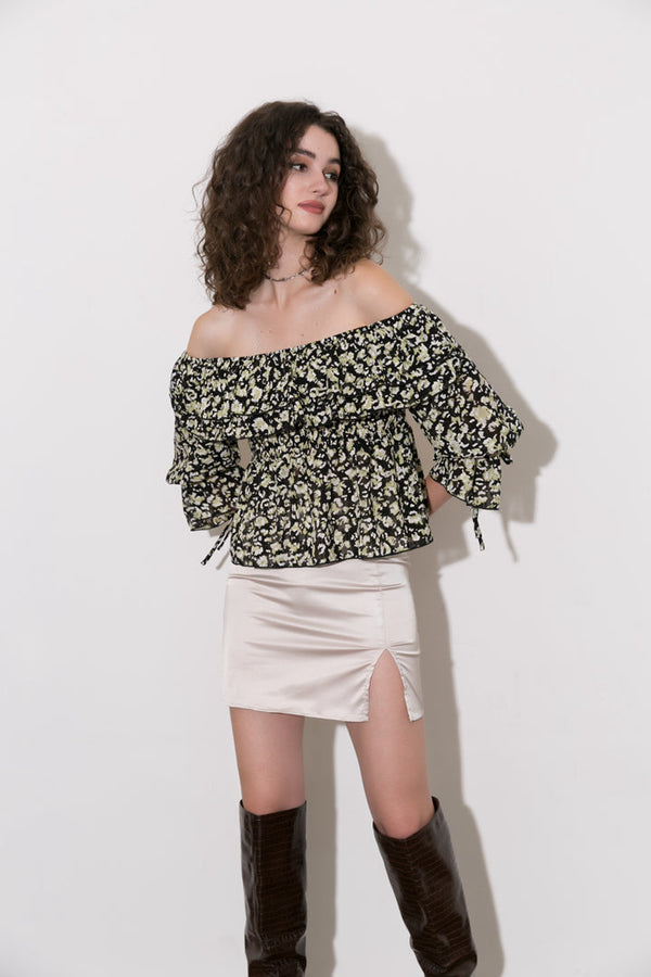 Omuzdan Açık Şifon Peplum Üst Şık Bluz Trend Moda Klasik