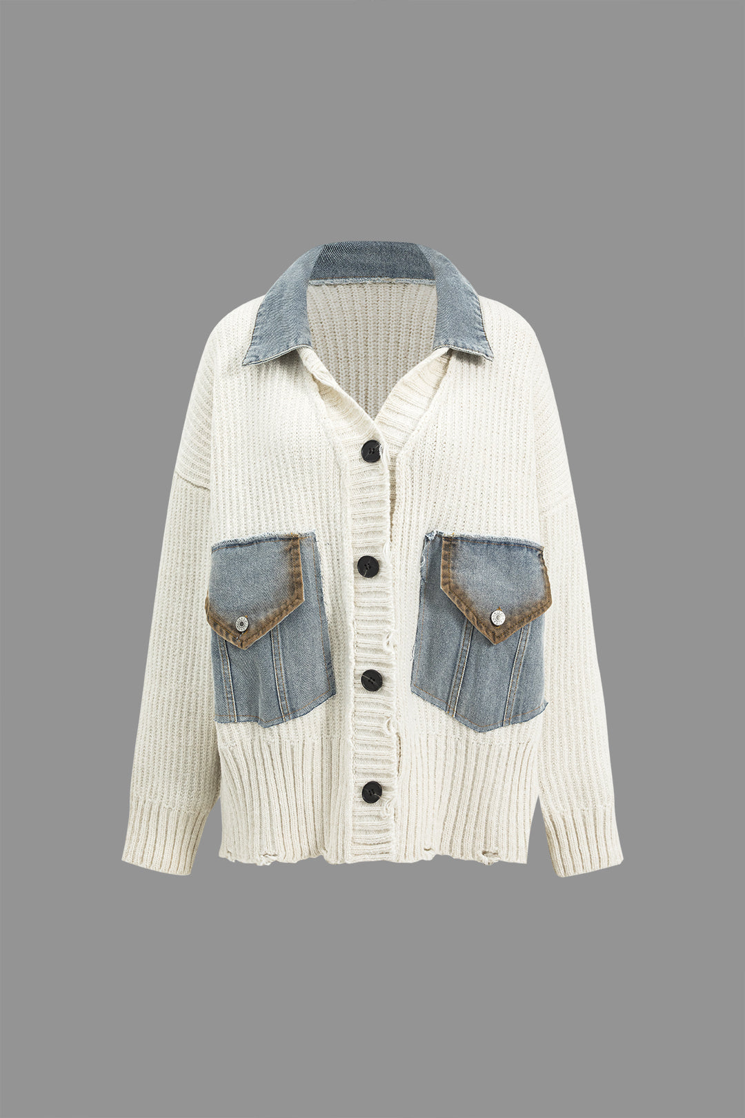 İndigo Patchworklu Denim Çiftkatmanlı Trikotajlı Hırka