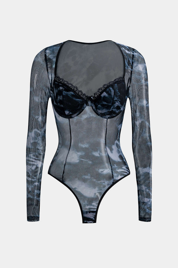 Tie Dye Baskılı Fileli Büstiyer Korse Uzun Kol Bodysuit