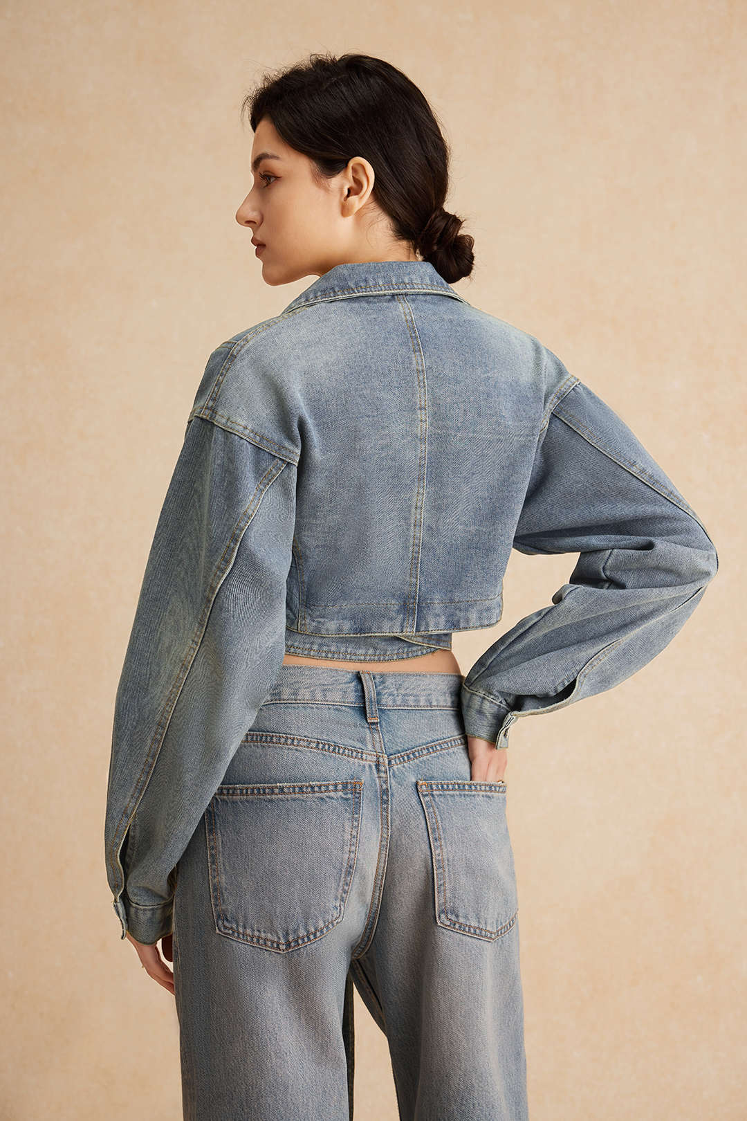 Mavi Kruvaze Bağcıklı Önden Düğme Detaylı Denim Ceket