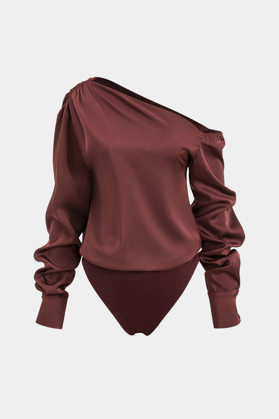 Saten Asimetrik Uzun Kollu Büzgülü Şık Bodysuit Şıklığı