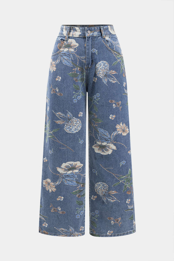 Retro Çiçek Desenli Denim Düğmeli Cep Geniş Paça Jean