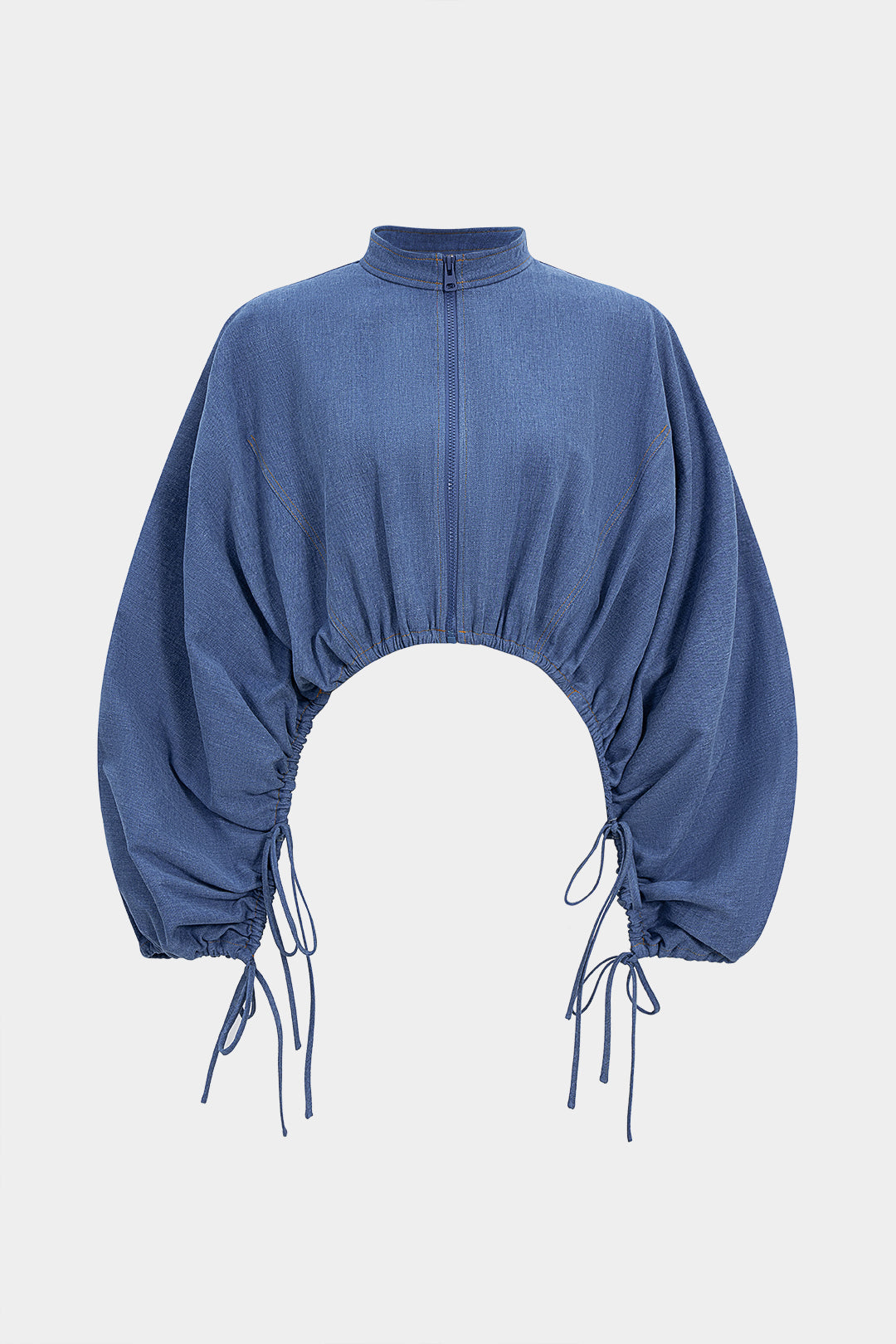 Derinlikli Kot Mavisi Büzgülü Fermuarlı Denim Ceket