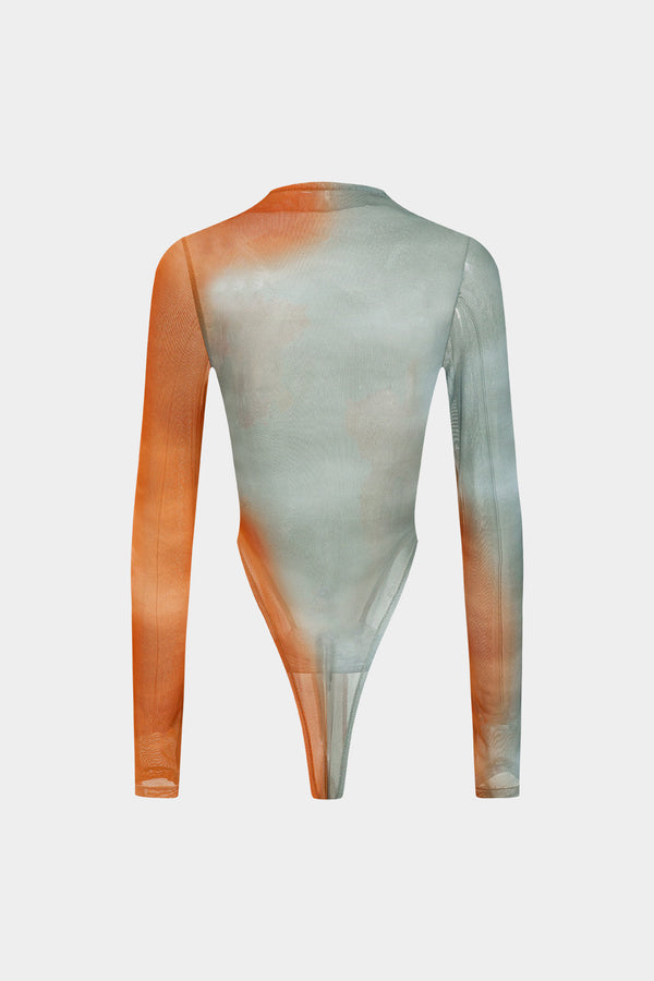 Ombre Çiçek Desenli Şeffaf Tül Uzun Kollu Bodysuit