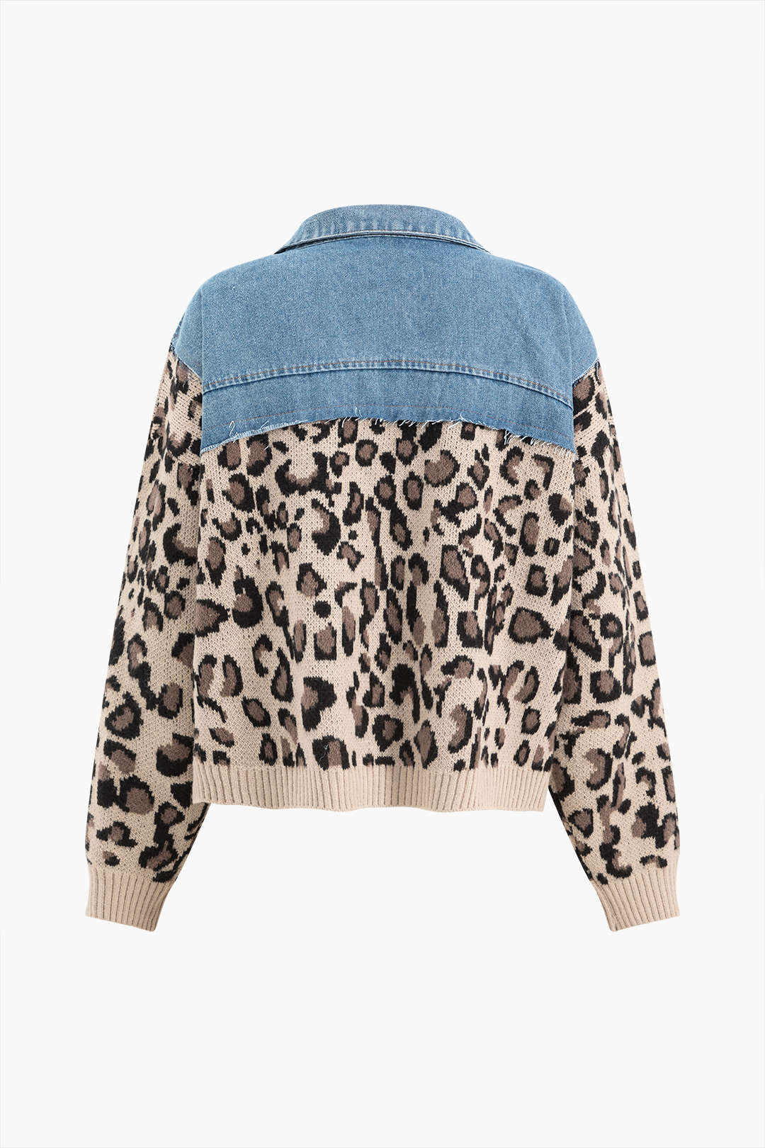 Leopar Desenli Patchwork Denim Kumaş Ayrıntılı Ceket