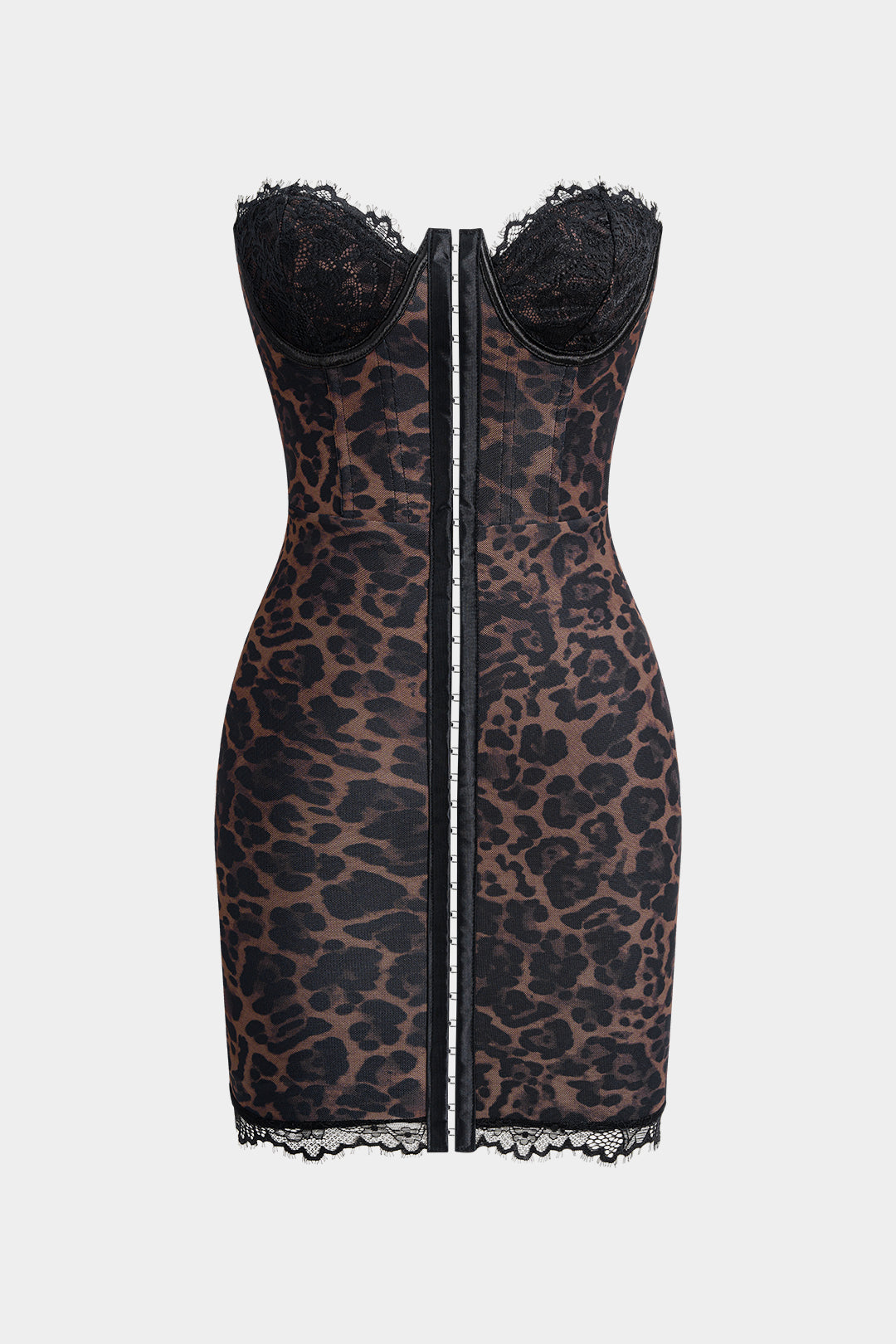 Leopar Desenli Patchwork Tüllü Straplez Mini Elbise