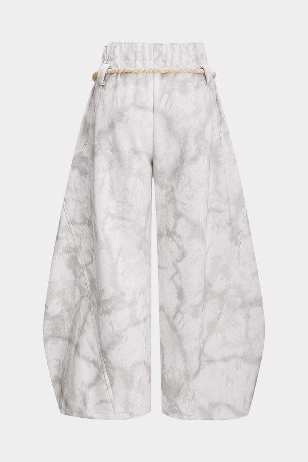 Mermer Tie Dye Baskılı Bağcıklı Geniş Paça Pantolonlar