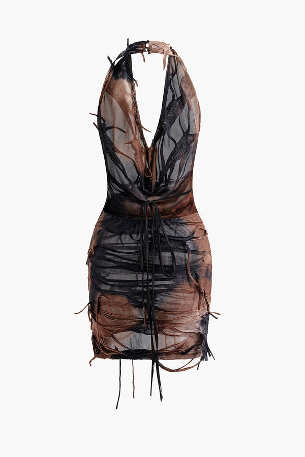 Halter Sırt Açık Yıpranmış Mini Elbise