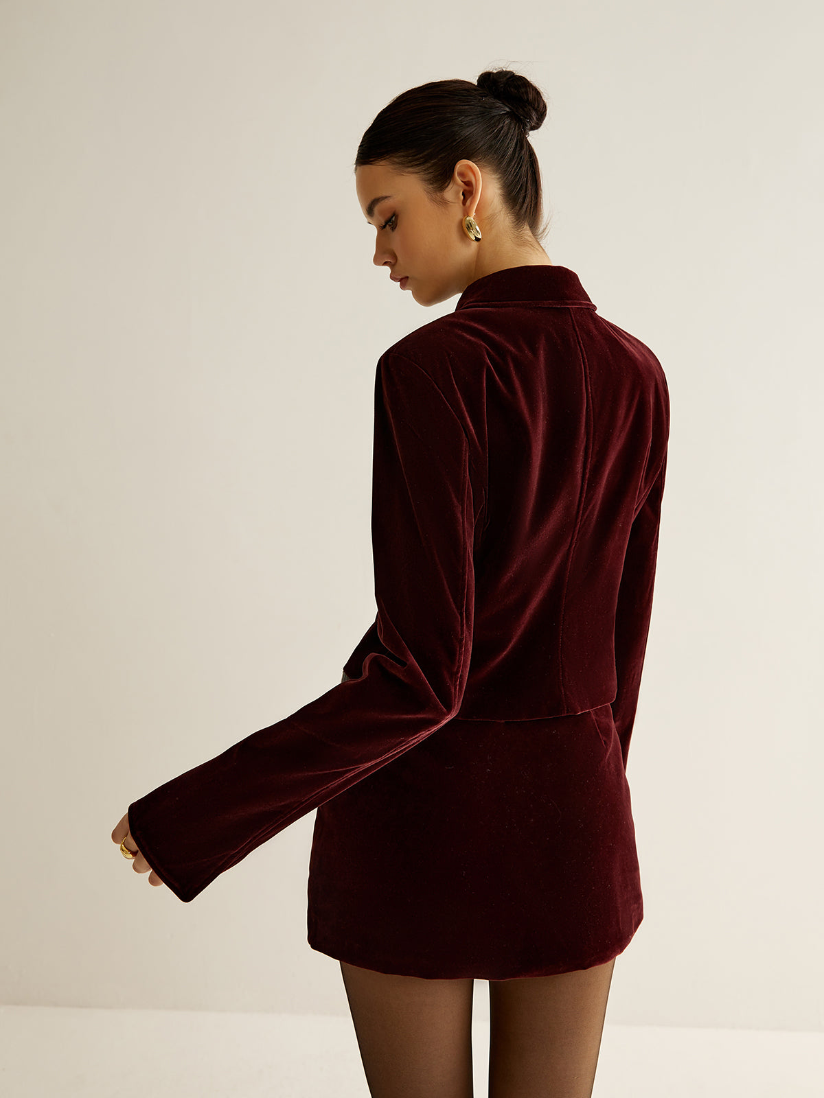Kadife Yaka Kısa Blazer Etek Set