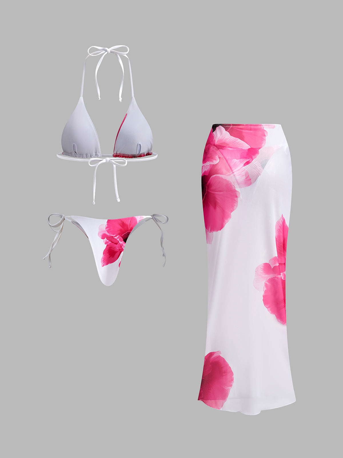 Cazip Çiçekli Bikini Seti Şeffaf Etek ile Birlikte