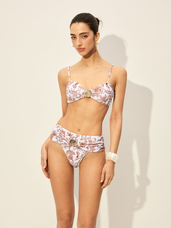 Şıklık Katan Kabuk Detaylı Açık Renkli Çiçekli Bikini Takımı