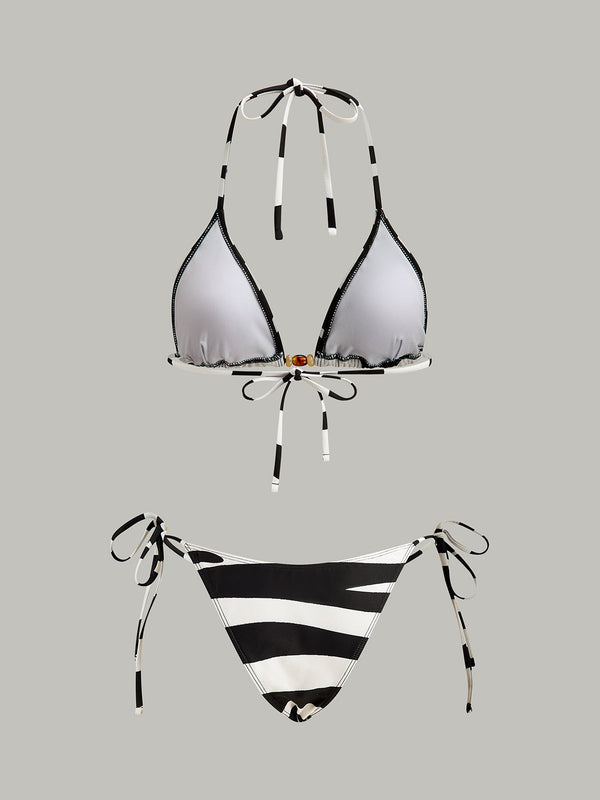 Renkli Üçgen Desenli Çizgili Bikini Takımı