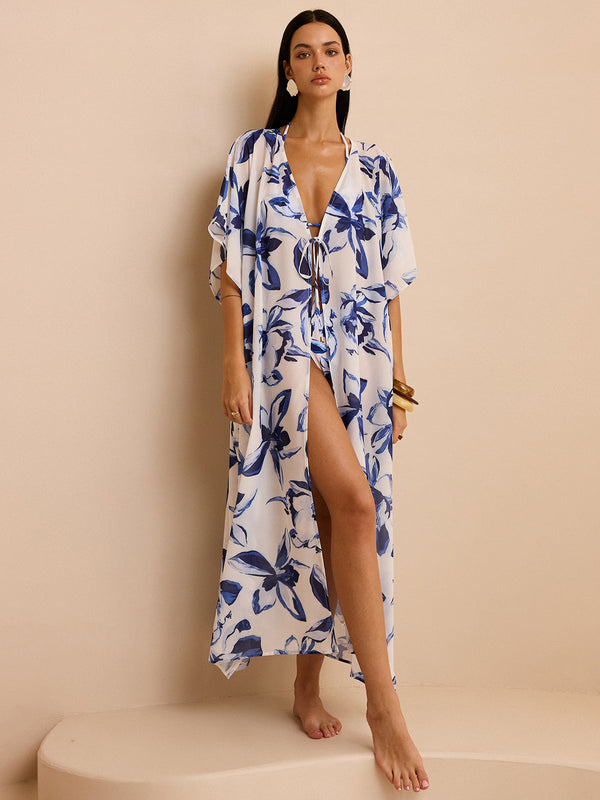 Şık Çiçek Desenli Şeffaf Kimono Bağcıklı Kemerli