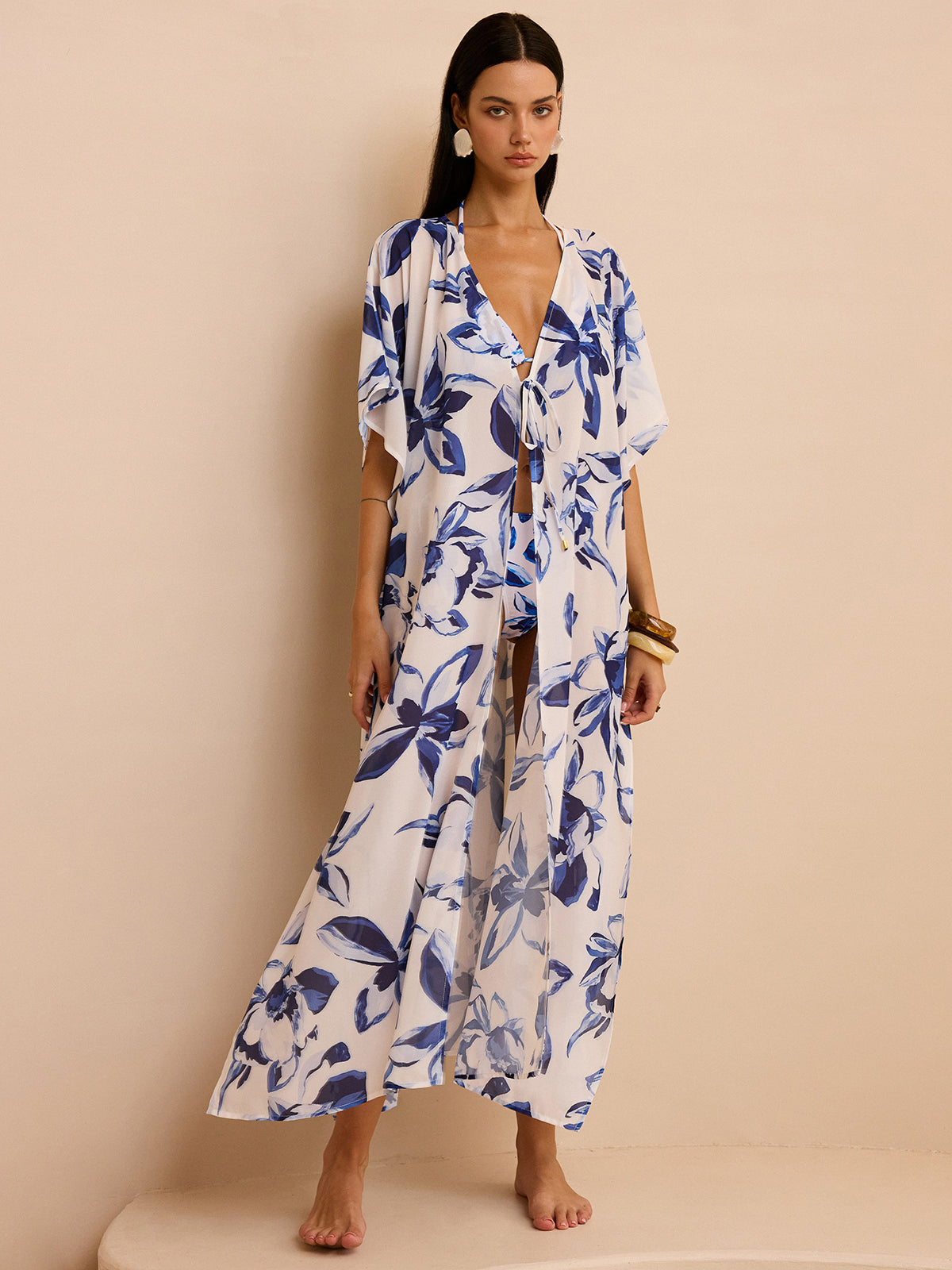 Şık Çiçek Desenli Şeffaf Kimono Bağcıklı Kemerli