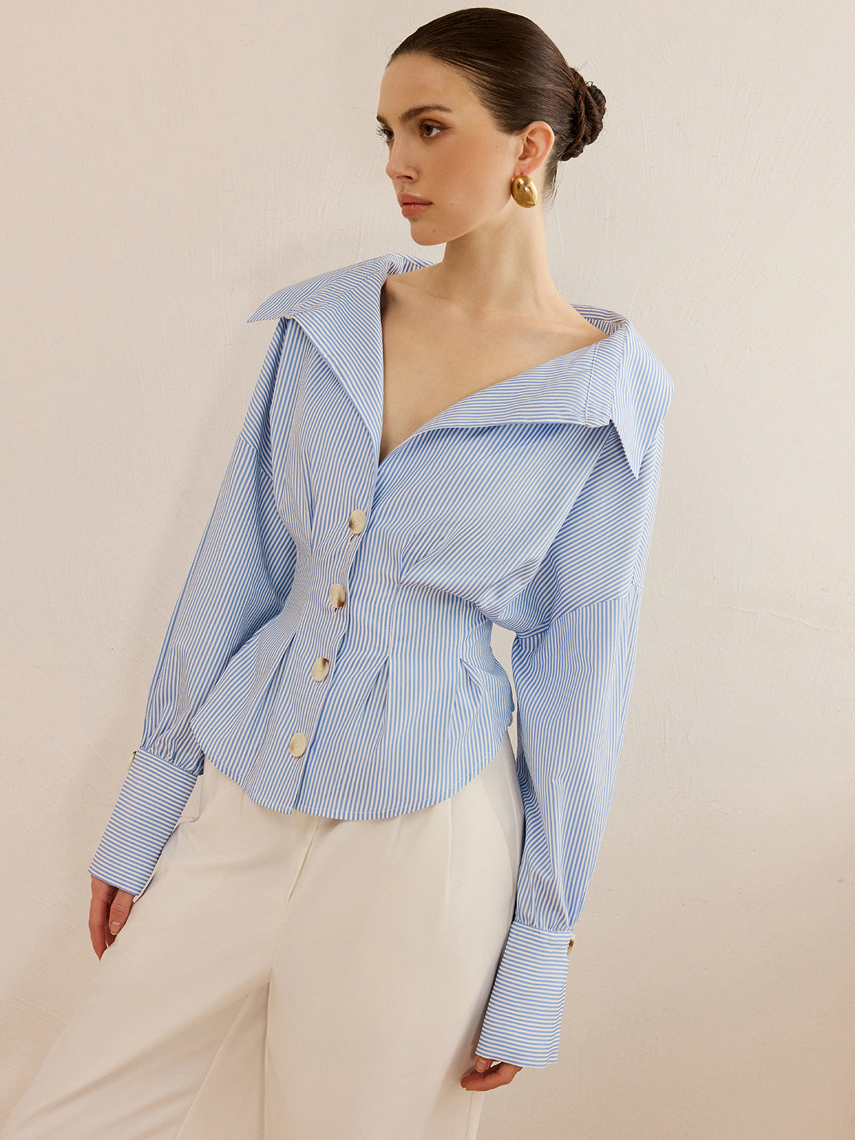 Gri Çizgili Yaka Bel Büzgülü Polyester Premium Ceket