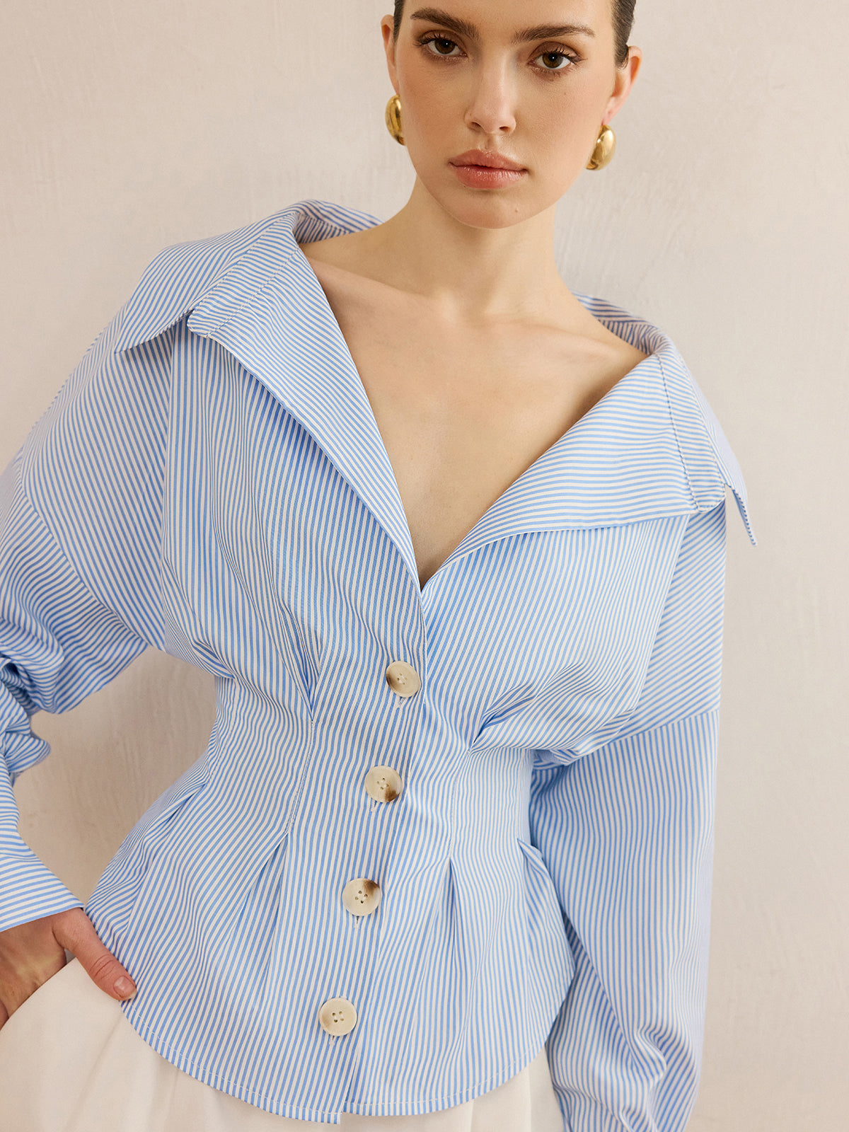 Gri Çizgili Yaka Bel Büzgülü Polyester Premium Ceket