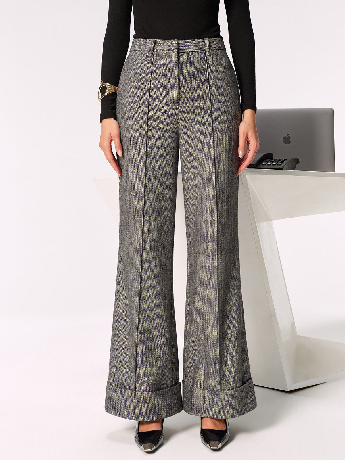 KoyuGri OrtaBel GenişPaça Polyester Kumaş Pantolon
