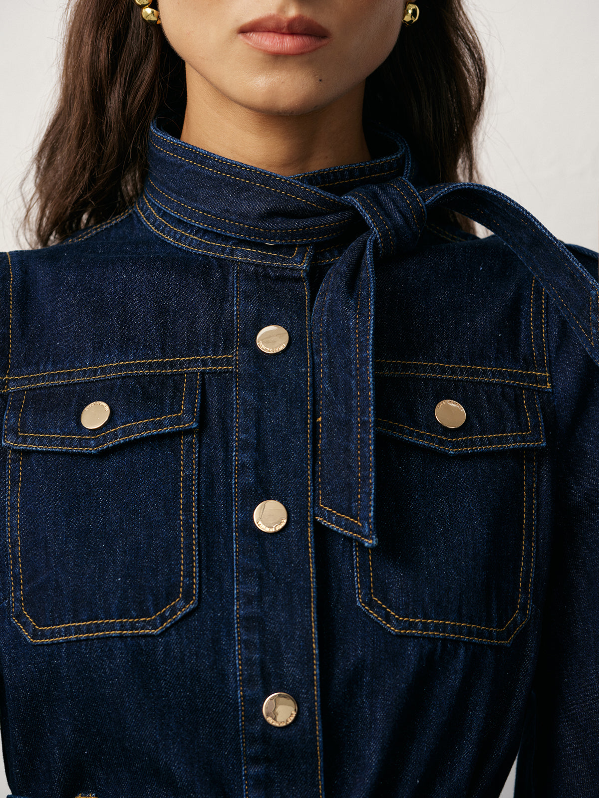 Koyu Mavi KemerliDüğmeliBağlamaDetaylı Denim Elbise
