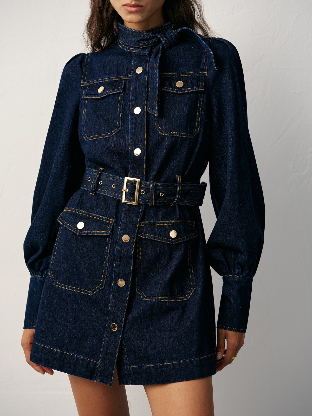 Koyu Mavi KemerliDüğmeliBağlamaDetaylı Denim Elbise