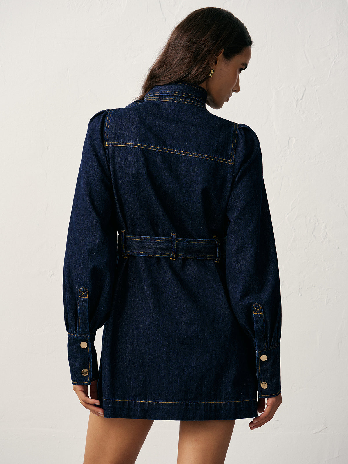 Koyu Mavi KemerliDüğmeliBağlamaDetaylı Denim Elbise